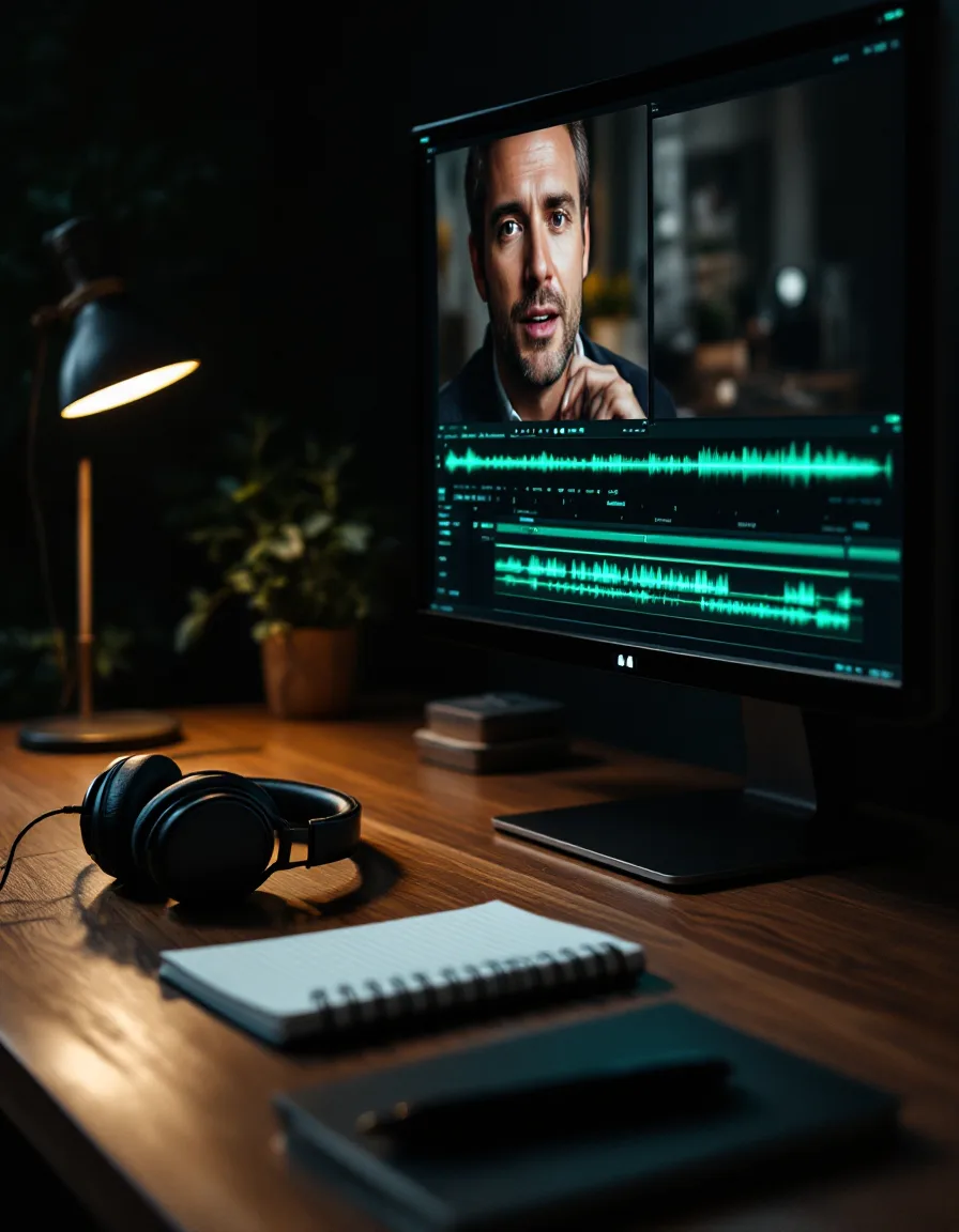 A vertical podcast clip being edited on a monitor, mint-green captions on the timeline, headphones on the desk