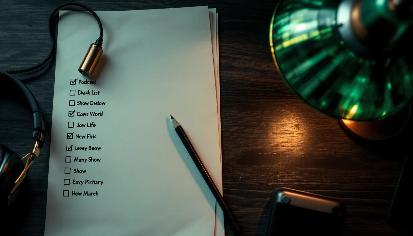 A printed podcast shortlist with pencil ticks and slashes beside show names, under a green-shaded desk lamp